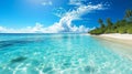 Idyllic Maldives Paradise: Sandy Beach, White Sand, Turquoise Ocean, Sunny Day, Blue Sky, and Island in Perfect Panoramic Royalty Free Stock Photo