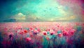 Idyllic meadow with red poppy flowers in the countryside, colorful sky with birds, spring and summer season, Illustration of a blo Royalty Free Stock Photo