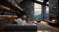 Idyllic, modern mountain home living room featuring a stunning stone wall, AI-generated.