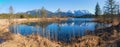 Idyllic moor lake Barmsee, with blue water, view to Karwendel alps, upper bavaria