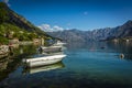 Idyllic morning scene of boats moored in the Bay of Kotor, Montenegro