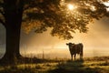 Idyllic Morning Scene: A Cow Grazing in Soft Golden Light of Daybreak