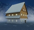 Idyllic mountain cottage and window lighting at night snowfall Royalty Free Stock Photo