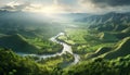 Idyllic mountain farm in rural scene with panoramic green meadow generated by AI