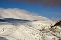 Idyllic Mountain and Forest Landscape on winter. Snowy slopes, rocks, cliffs and peaks. Panoramic view of mountain at sunset. Royalty Free Stock Photo