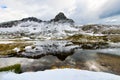 Idyllic mountain lake with reflection of the top with the first autumn snow Royalty Free Stock Photo