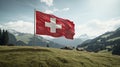 Idyllic mountain landscape with the flag of switzerland proudly waving in the foreground