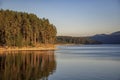 Idyllic mountain landscape at lake with calm water, tree reflection after sunset Royalty Free Stock Photo