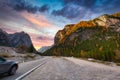 Idyllic mountain road through the Dolomites at sunset. Italy Royalty Free Stock Photo