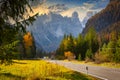 Idyllic mountain road through the Dolomites at sunset. Italy Royalty Free Stock Photo