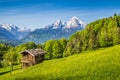 Idyllic mountain scenery with old chalet in the Alps in springtime