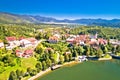 Idyllic mountain town of Fuzine on Bajer lake aerial view