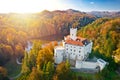 Idyllic old town and lake of Trakoscan in Zagorje region aerial view in autumn colors and sun haze Royalty Free Stock Photo