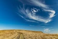 Idyllic peaceful highland plateau wallpaper landscape scenic view lonely curved dirt trail on a ground and vivid blue sky horizon