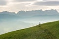 Idyllic and peaceful mountain landscape with a wooden fence on a grassy hillside and a great view of the Swiss Alps behind