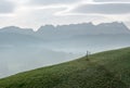 Idyllic and peaceful mountain landscape with a wooden fence on a grassy hillside and a great view of the Swiss Alps behind