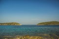 Idyllic peaceful two island coast line picturesque landscape scenic view Aegean sea Eastern Greece waterfront district area cozy