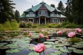 Idyllic Pond flower mansion. Generate Ai Royalty Free Stock Photo