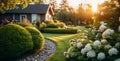 Idyllic Private Home with Backlit Sunset Lawn and Flowerbed