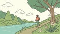 Idyllic river path stroll, person enjoying tranquil green landscape. vector design Generative AI Royalty Free Stock Photo