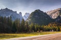 Idyllic road through the Dolomites mountains, Italy Royalty Free Stock Photo
