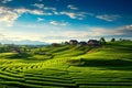 Idyllic Rural Landscape with Rolling Hills and Farmhouses. Generative ai Royalty Free Stock Photo