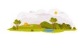 Idyllic Rural Landscape Scene with Green Meadow and Yellow Camp Vector Illustration