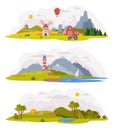 Idyllic Rural Landscape Scene with Mountain, Field and Windmill with Barn Vector Set