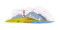 Idyllic Rural Landscape Scene with Mountain, River Bank and Lighthouse Vector Illustration Royalty Free Stock Photo