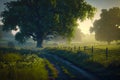 Idyllic rural landscape, trees, grass, soft light. Country farm scene. Generative AI Royalty Free Stock Photo