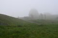 Idyllic rural scene featuring a grassy hillside with an empty bench and buildings in the fog Royalty Free Stock Photo