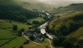 Idyllic rural scene high angle view of farmhouse near canal generated by AI
