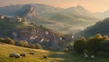 Idyllic rural scene meadow, farm, mountain, sunset, tree, autumn generated by AI