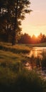 Idyllic Rural Sunrise: Grassy Landscape With Trees And Water