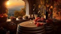 Idyllic rural vineyard with quaint farmhouse, serene rolling hills, and golden sunset