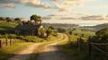 Idyllic rural vineyard with quaint farmhouse, serene rolling hills, and golden sunset