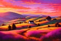 An idyllic scene of a cottage nestled among rolling hills, basking in the warm hues of a breathtaking sunset Royalty Free Stock Photo