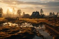 Idyllic scene of an old rural farmstead at sunset, AI-generated. Royalty Free Stock Photo