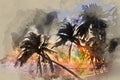 Idyllic scene of palm trees near the sea at sunset