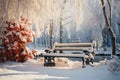An idyllic scene of a park bench cocooned in snow, a tranquil spot for solitude and reflection in the midst of a winter