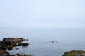 Idyllic scene of a peaceful ocean with rocky shorelines under a clear, blue sky