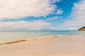 Idyllic scene sand tropic beach wave blue sea. Everyone should visit tropic resort st.johns antigua. Top list vacation Royalty Free Stock Photo