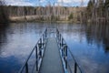 Idyllic scene showcasing a dock situated on a riverbank, surrounded by lush greenery