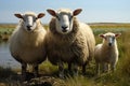Idyllic scene: Suffolk sheep mother with twin lambs in marsh.