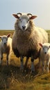 Idyllic scene: Suffolk sheep mother with twin lambs in marsh.