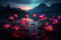 Idyllic scene of a tranquil lake at night dotted with water lilies, AI-generated. Royalty Free Stock Photo