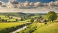 Landscape of green countryside with river and small house. Royalty Free Stock Photo