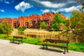 Idyllic scenery with empty benches in the of the old town of Gdansk, Poland Royalty Free Stock Photo
