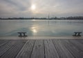 Idyllic sea view from a dock, sunset Royalty Free Stock Photo