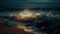 Idyllic seascape at dusk, waves breaking on wet sand generated by AI